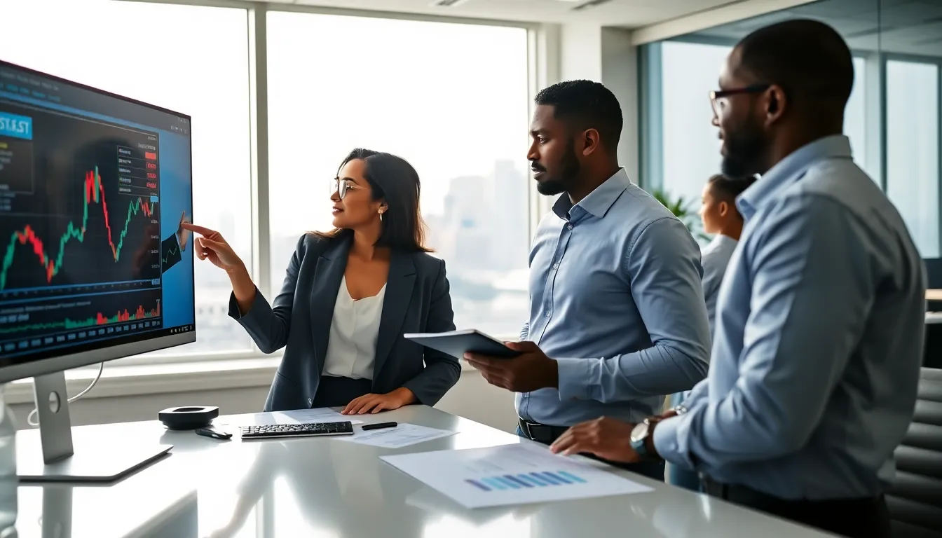 finance professionals analyzing stock market data in a modern office.