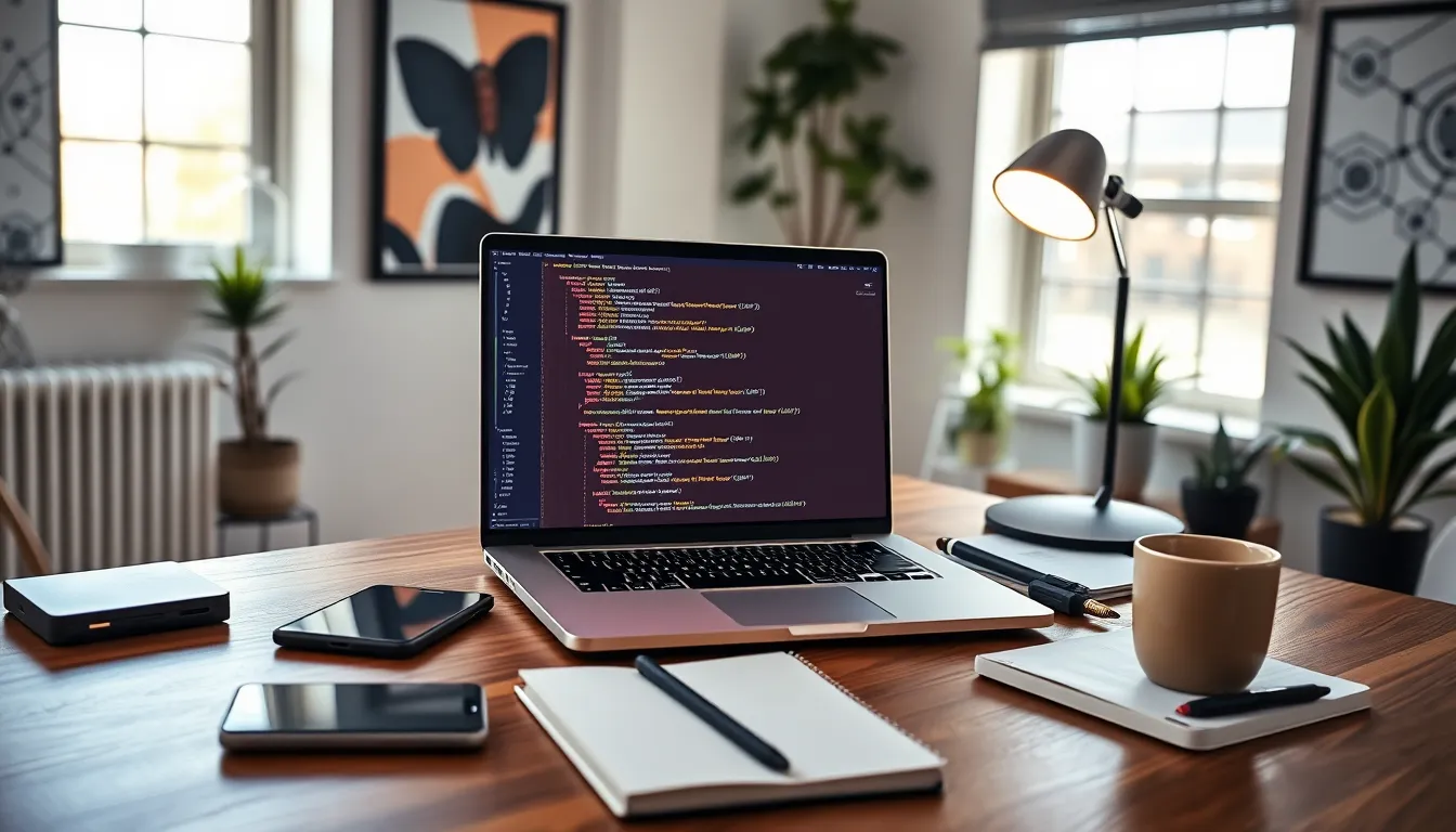 A laptop displaying Redwebzine Java code in a modern workspace.