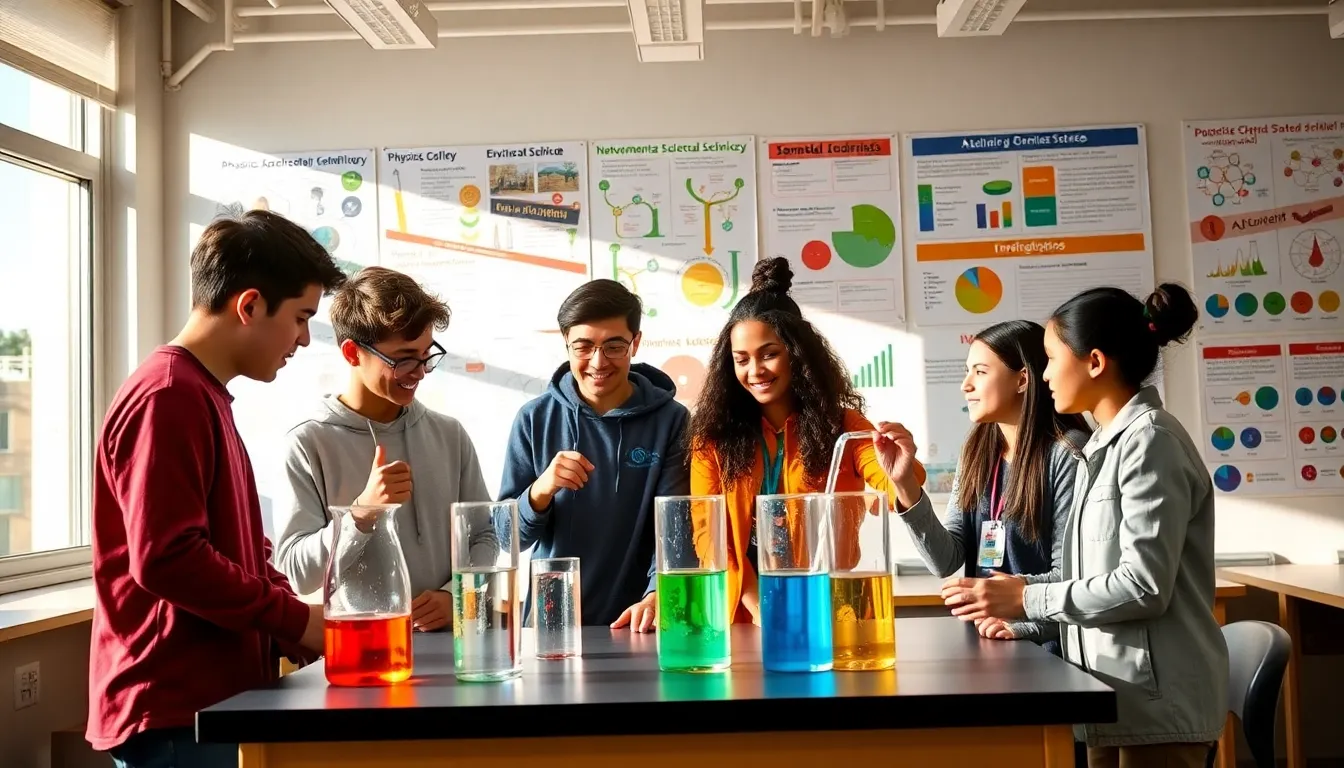 students engaged in an integrated science project in a bright classroom.