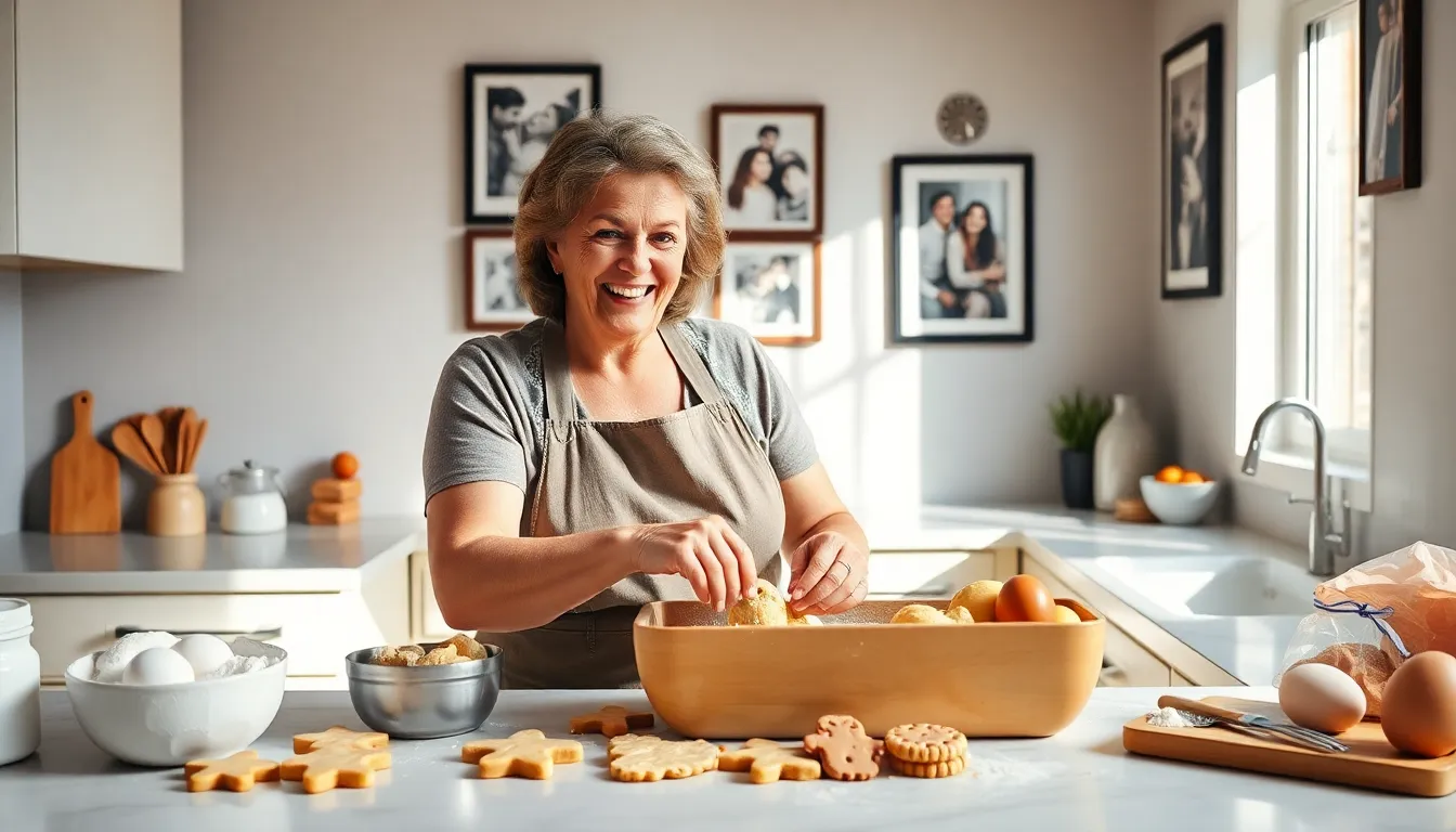 Mary baking cookies in a warm, inviting kitchen.