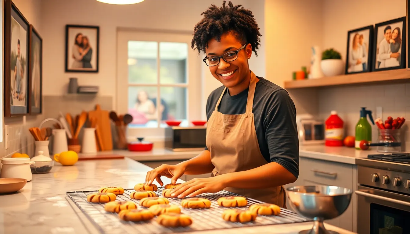 baker in a cozy kitchen preparing cookies with joy.