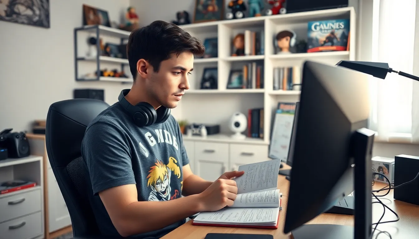 a gamer reviewing guides in a cozy home office.