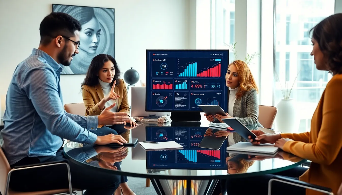 diverse team discussing digital marketing strategies in a modern office.