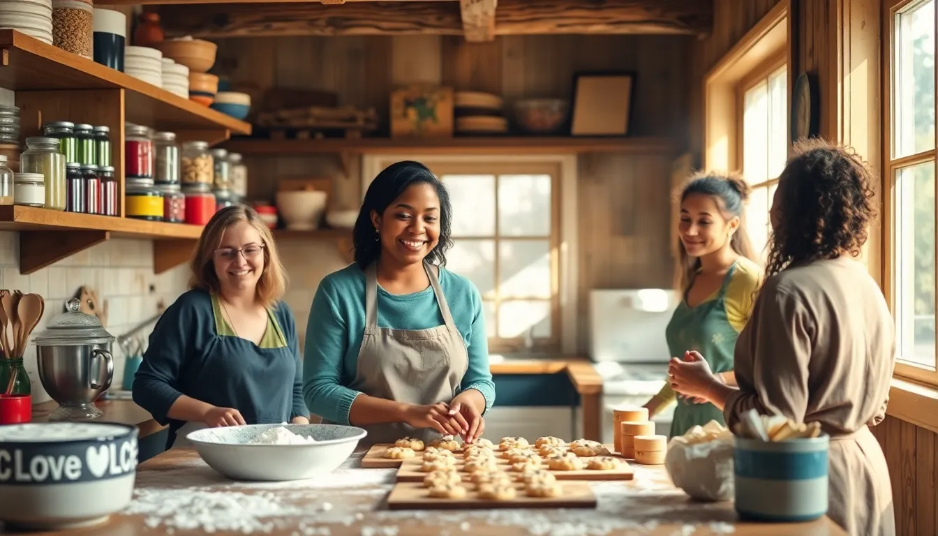 Mary Jackson and friends baking cookies in a cozy kitchen.