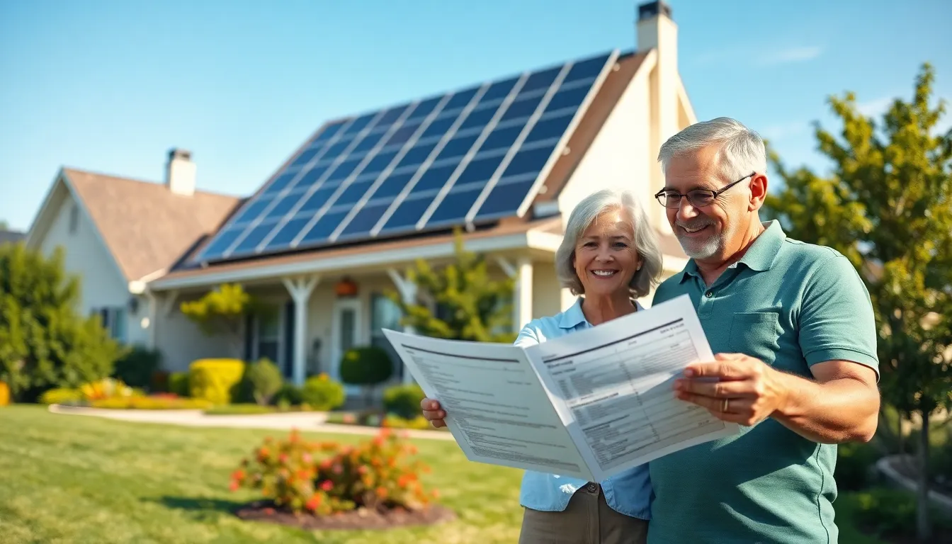 a couple reviewing solar financing options in front of their home.