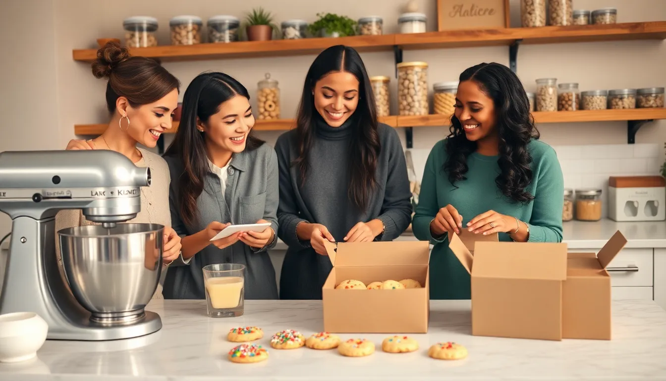 group of women baking cookies in a cozy kitchen.