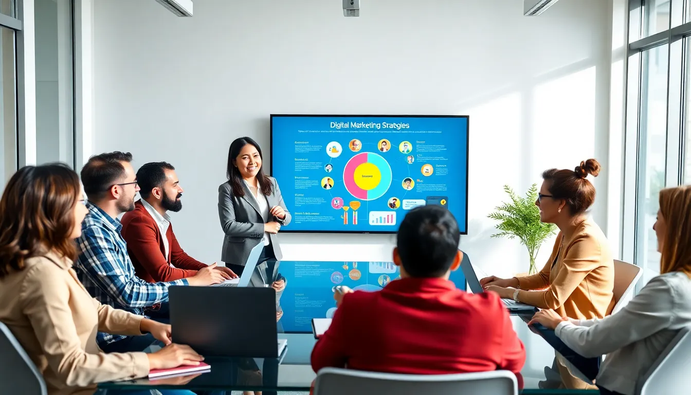 diverse team brainstorming digital marketing strategies in a modern office.