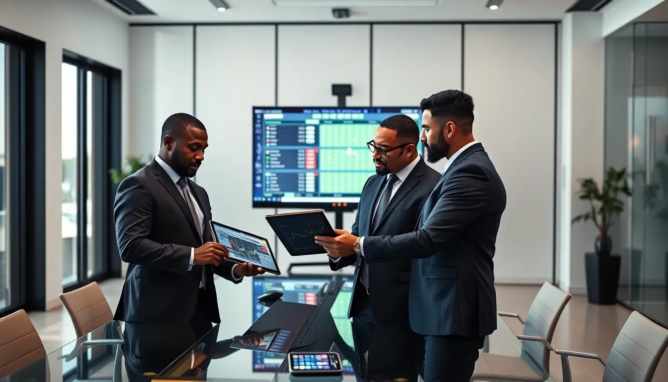 diverse professionals discussing sports betting in a modern office.
