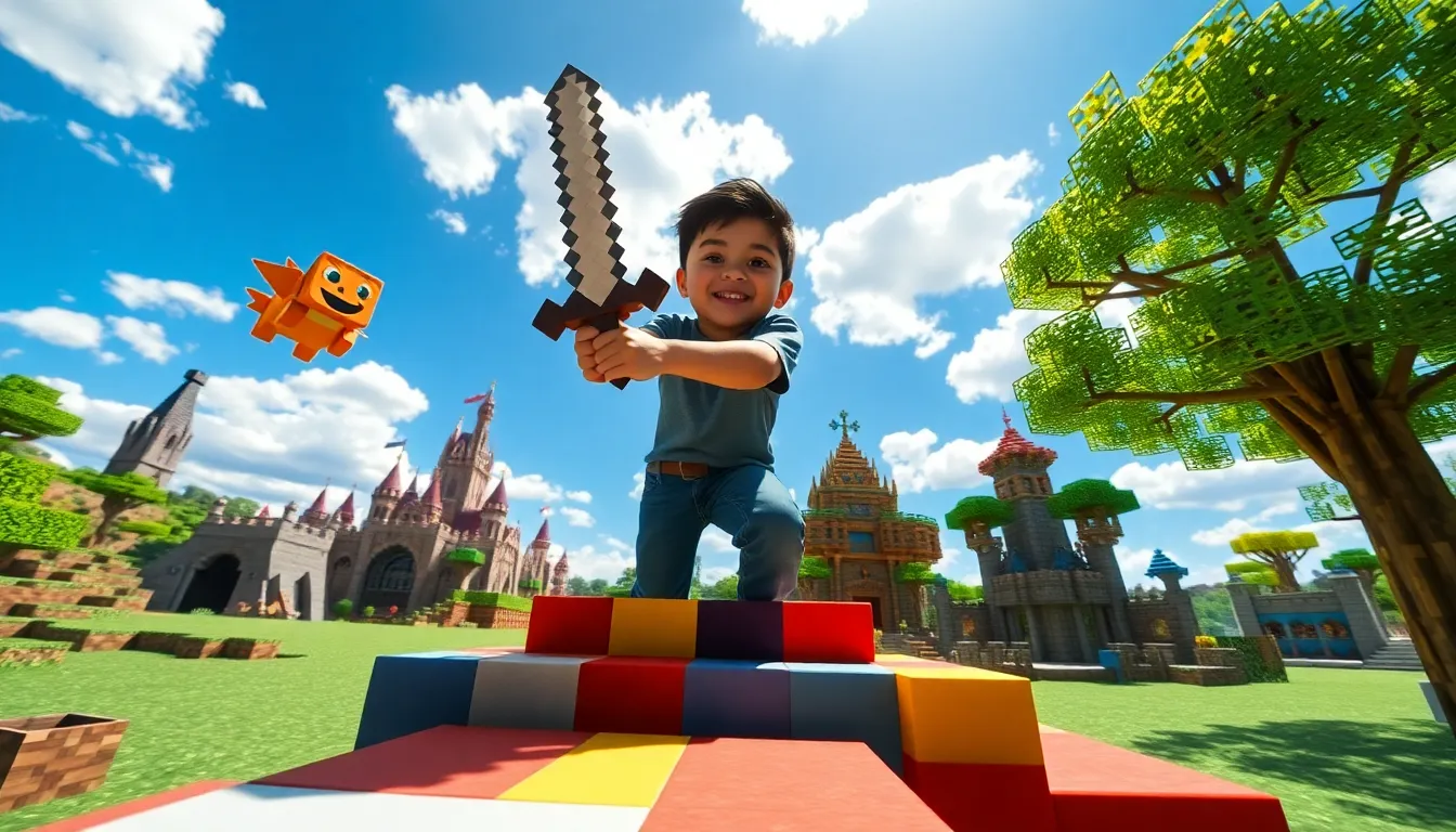 A boy playing in a vibrant Minecraft minigame landscape.