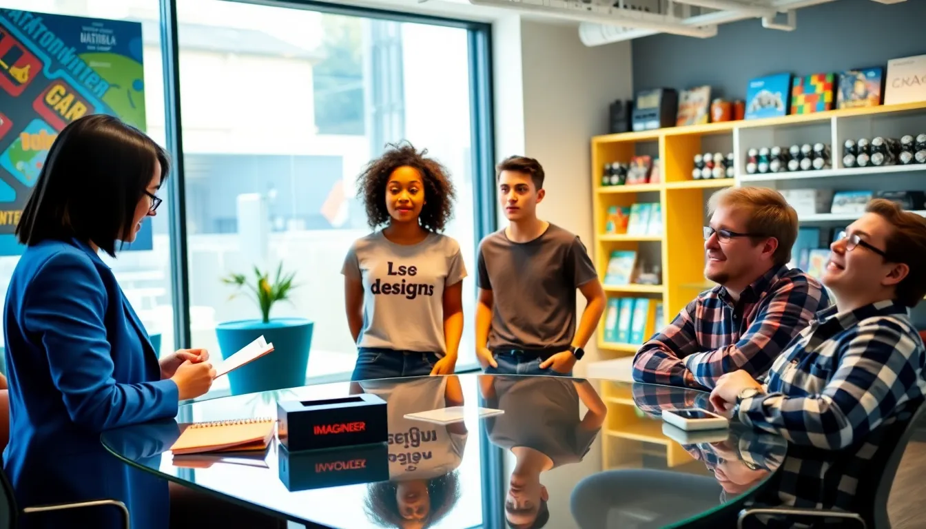 employees collaborating in a vibrant office space at Imagineer Games.