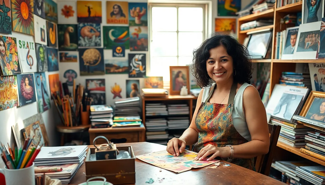 an artist creating a collage in a colorful, vibrant studio.