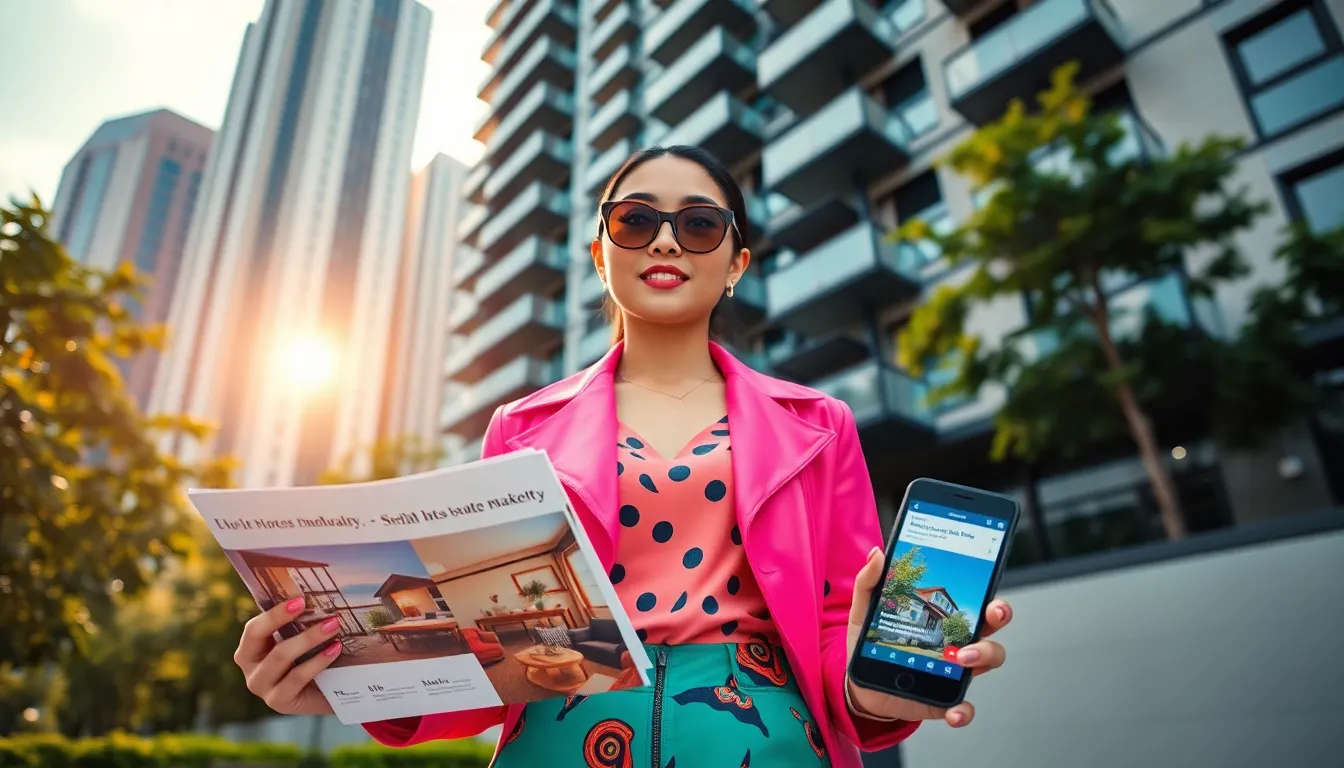 A fashionable woman stands outside a modern apartment building, showcasing real estate marketing.