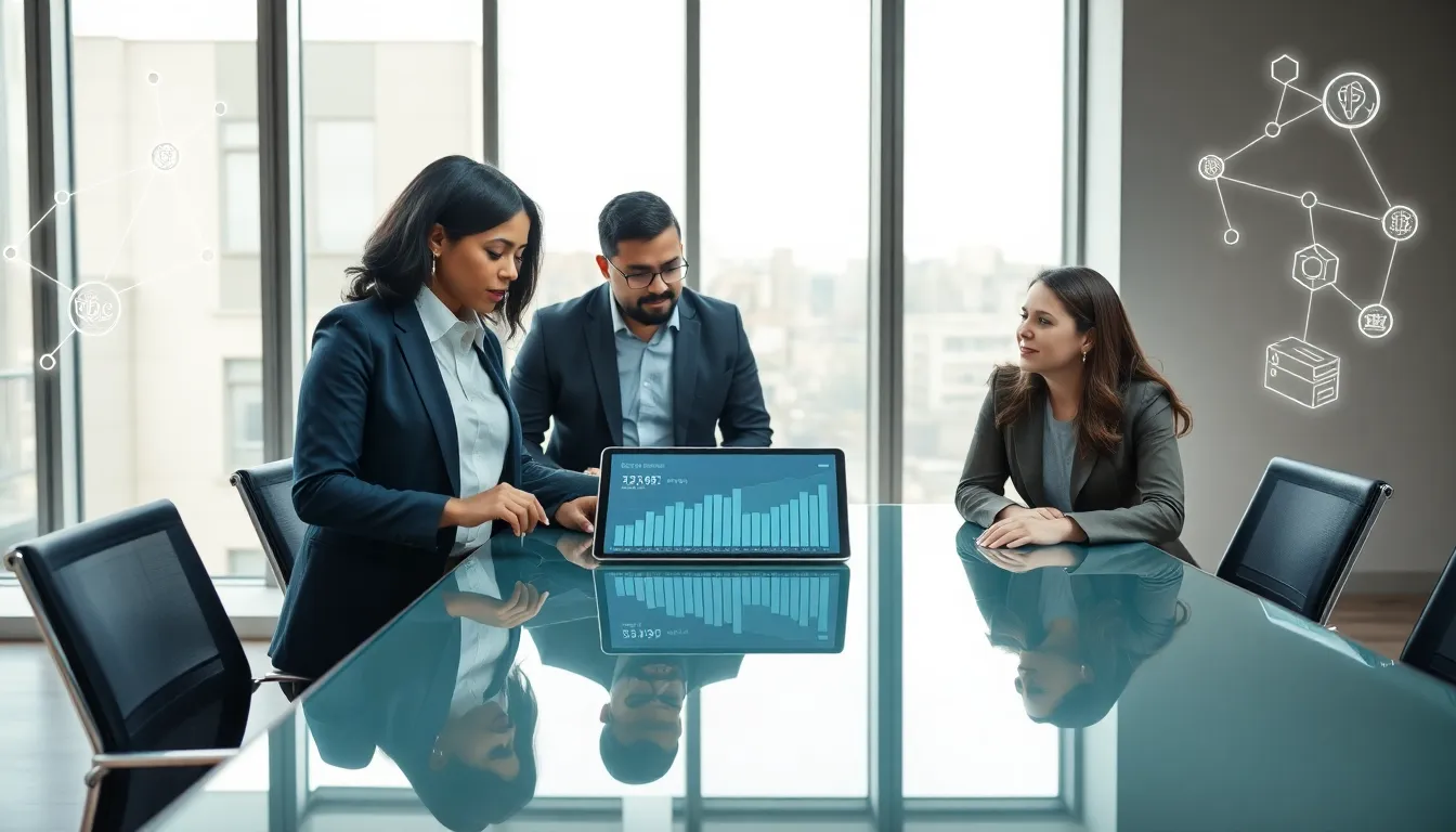 diverse team discussing blockchain staking in a modern office.