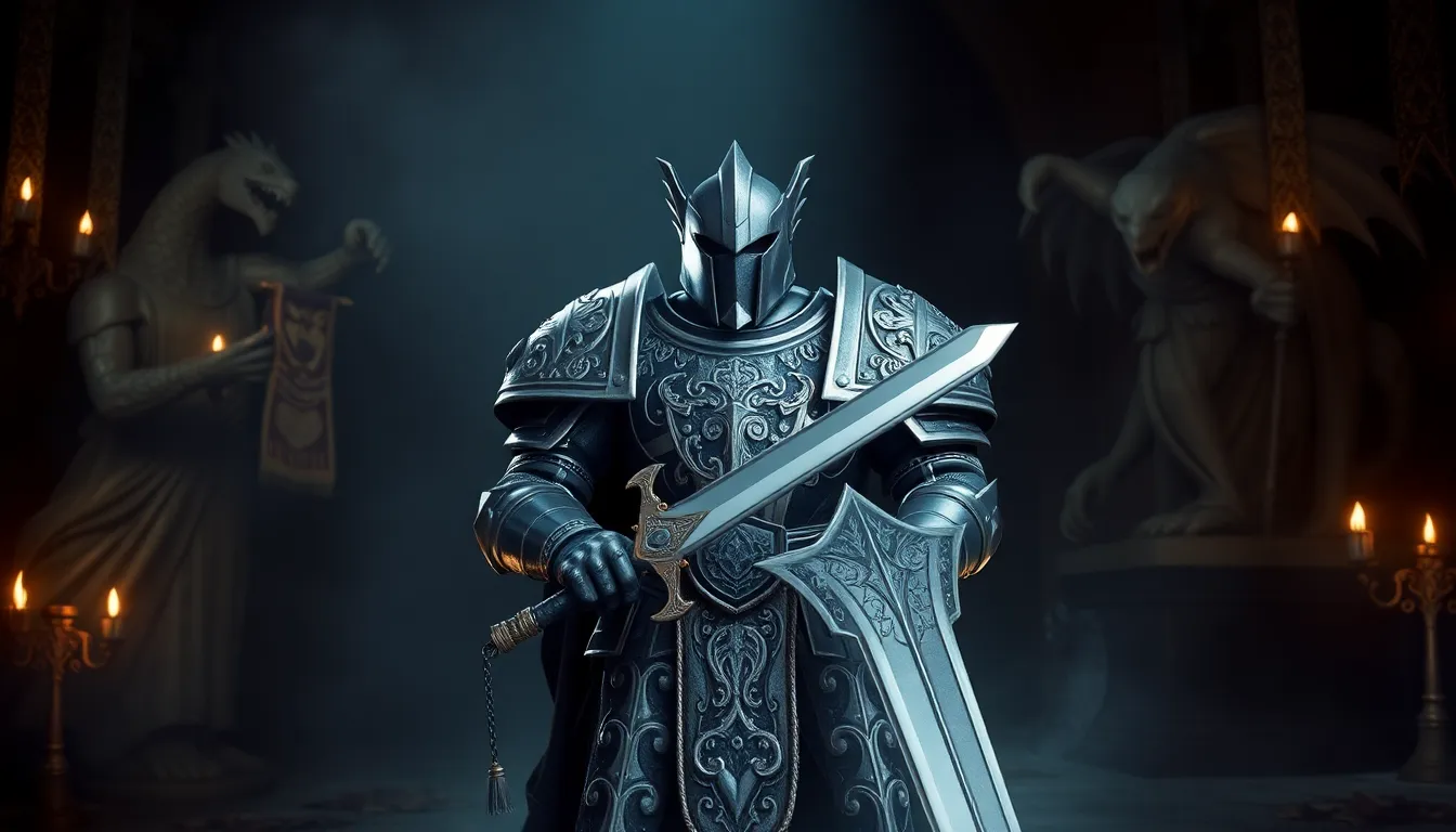 A Grey Knight warrior in ornate armor stands ready for battle in a gothic setting.