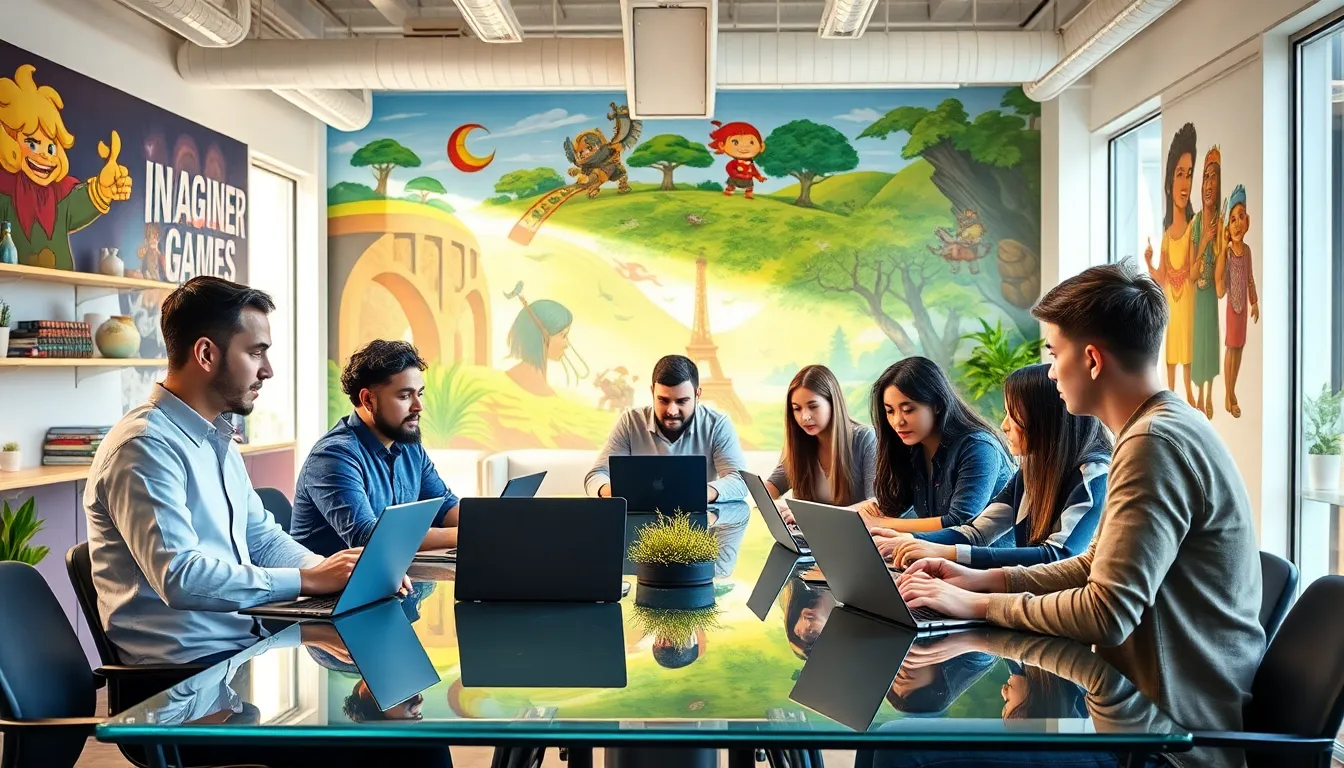 diverse team collaborating in a modern game development office.