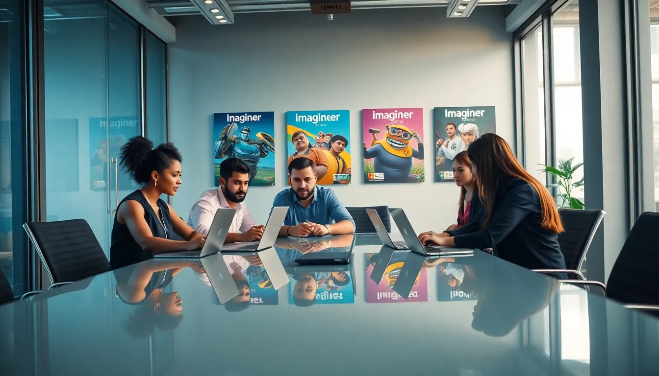 diverse team collaborating in a modern office about game development.