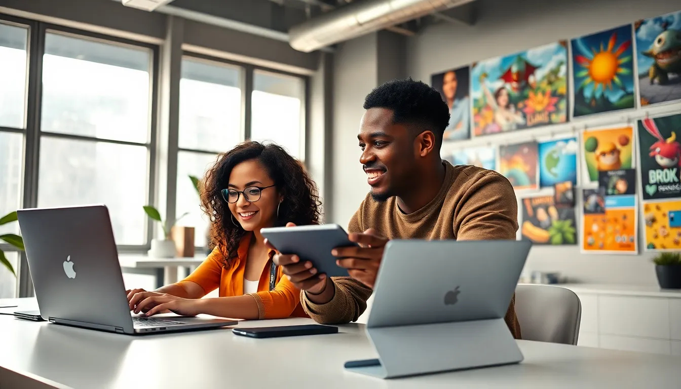 diverse team collaborating on game design in a modern workspace.