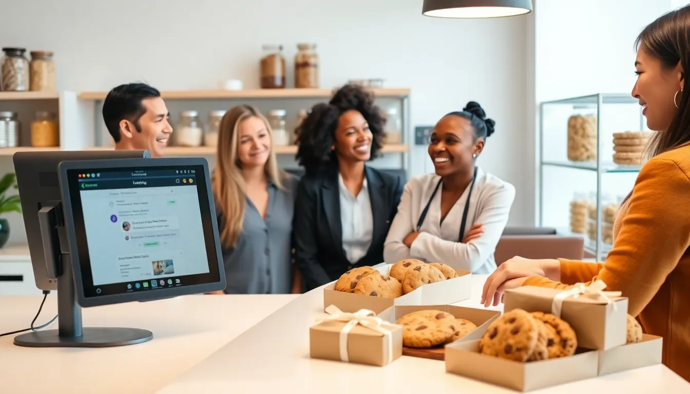 friendly team discussing cookies in a modern workspace.