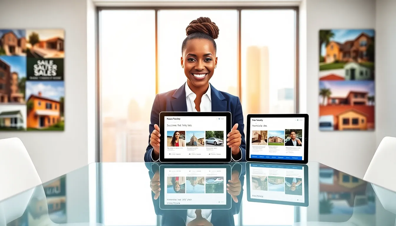 A real estate agent presenting listings in a modern office setting.