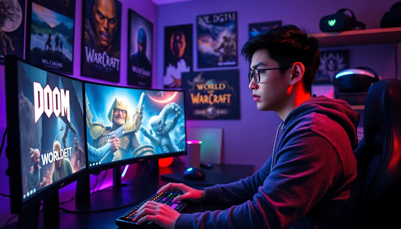 A young gamer surrounded by multiple monitors showcasing iconic PC games.