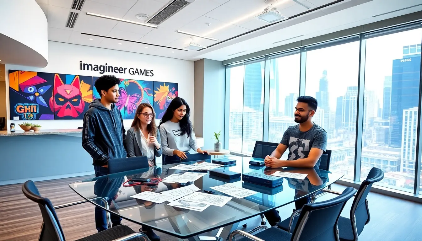 a diverse team collaborating in a modern gaming office space.