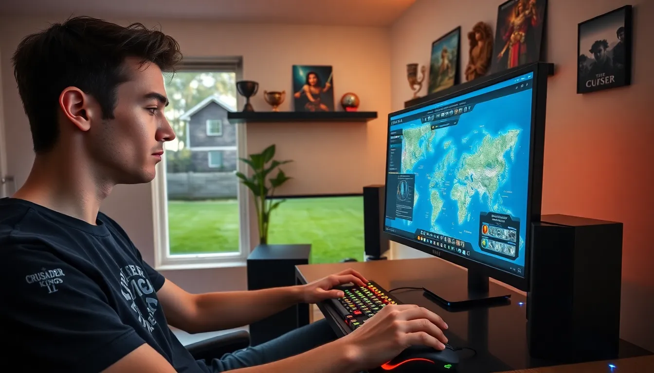 a young man focused on gaming in a modern gaming room.